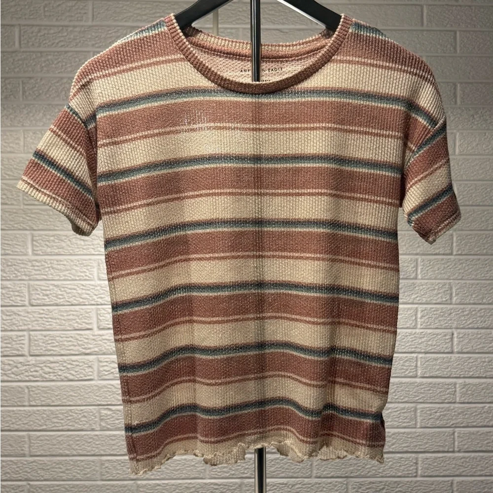 American Eagle Outfitters Tan and Brown Fitted Ribbed T-Shirt - Picture 1 of 3